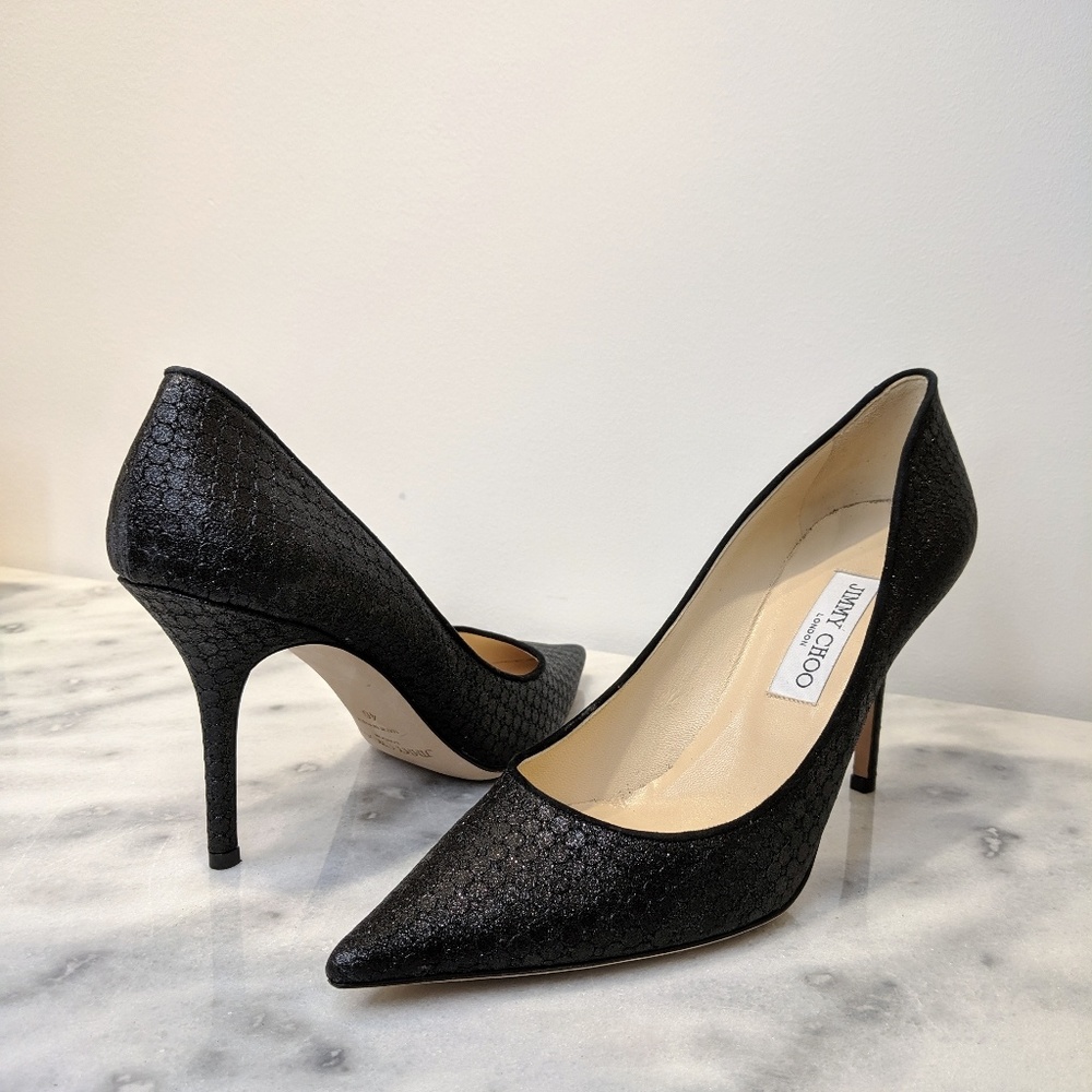 Jimmy Choo | Black Glitter Agnes Heels - Picture 1 of 7